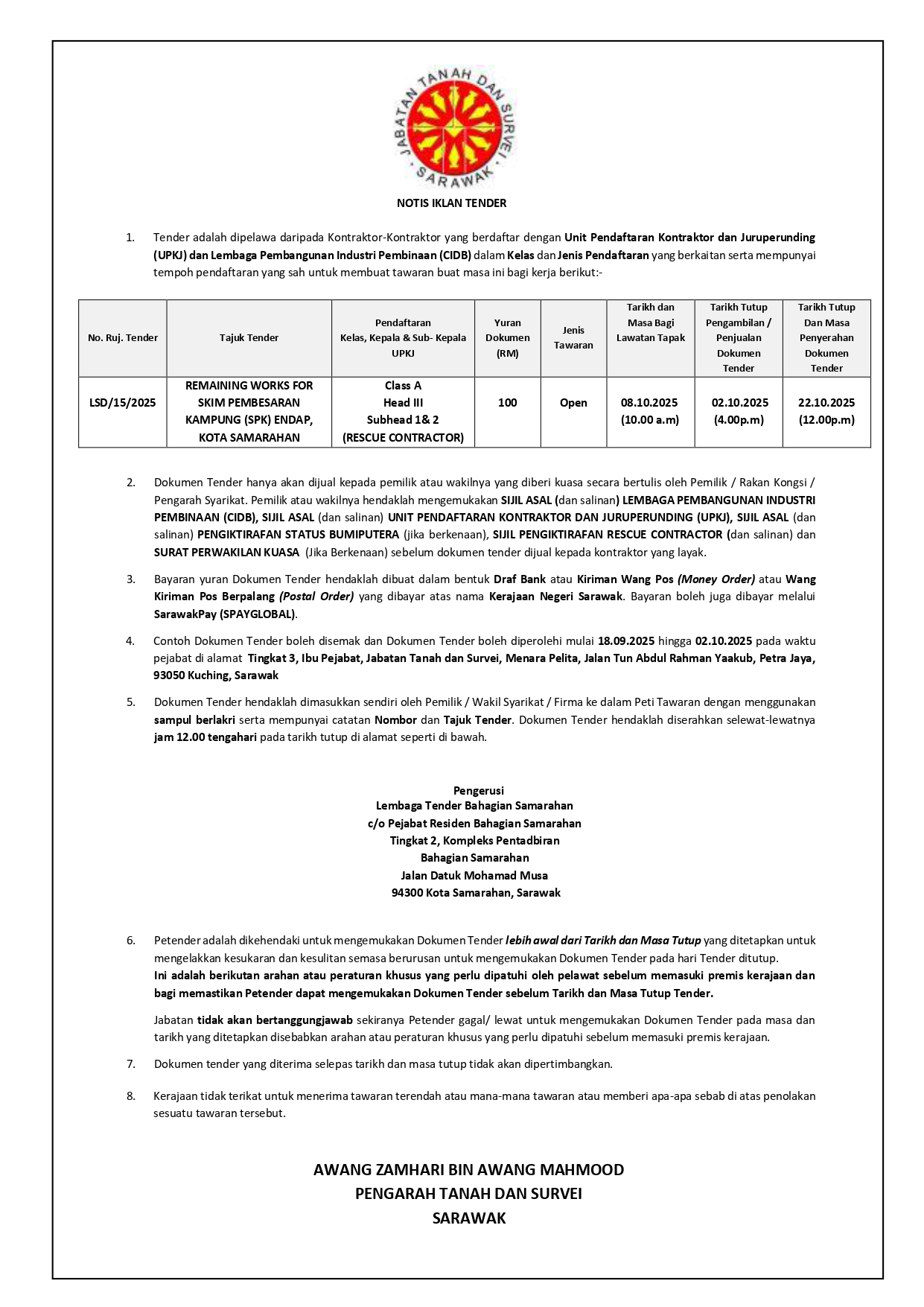 TENDER NOTICE JTS LSD/15/2025