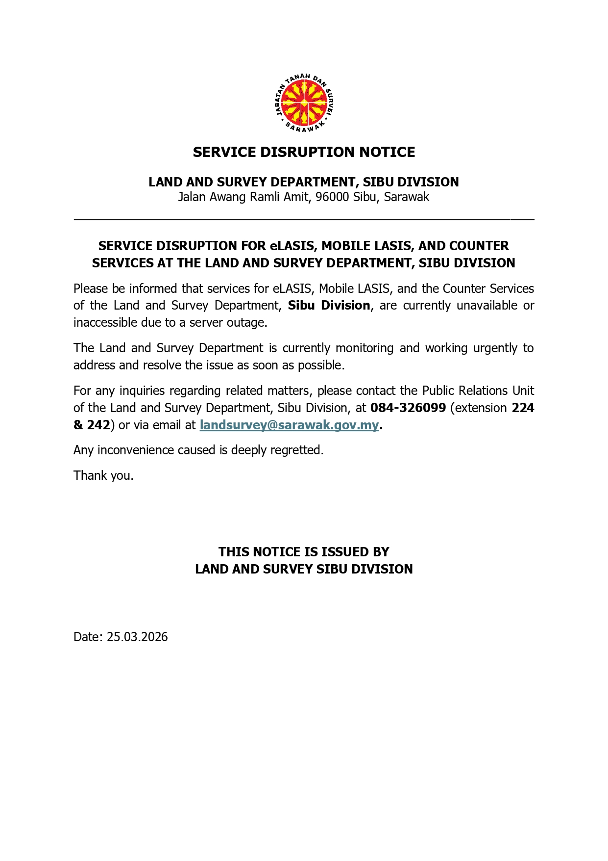SERVICE DISRUPTION NOTICE JTS SIBU